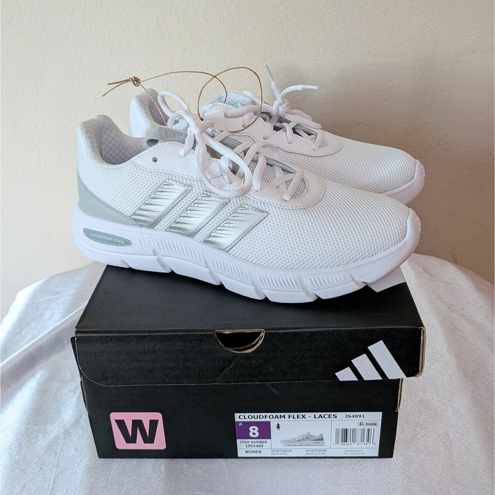 New Adidas Women's Cloudfoam Flex Sneaker Shoes Wide Fit White Gray 8